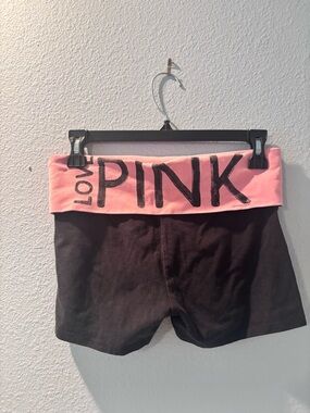 S VS PINK Fold-Over Waistband Classic Yoga Black Shorts - Pink Logo